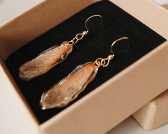 Oorbellen van echte esdoornzaadjes, sieraden van natuurlijke hars, oorbellen van esdoornzaadjes (Samara), handgemaakte botanische oorbellen, uniek natuurlijk cadeau