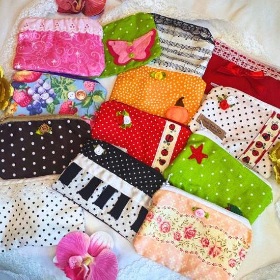 Handmade Pouches | cosmetic pouch | wallet pouch | zipper pouch| Lace, Buttons & Ribbon Details