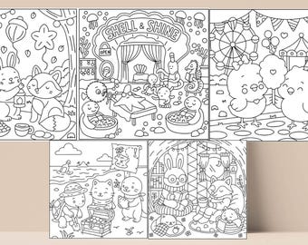 Cozy Coloring Pages Bundle | 5 Cute & Relaxing Hygge Coloring Pages | Printable Digital Coloring Book for Stress Relief