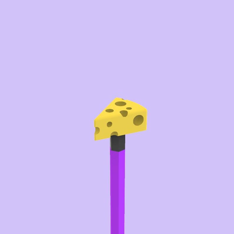 May include: A purple pencil with a yellow triangle-shaped cheese eraser on top. The cheese eraser has holes in it.