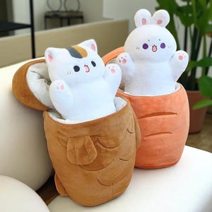 Kawaii taiyaki knuffel kat en konijn – schattige cartoon dieren sierkussen, wortel konijn cadeau, zacht gevulde pop voor kinderen meisjes kerstcadeau