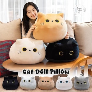 Black Cat Plush Pillow | Cute Cartoon Cat Head Plushie | Soft Stuffed Toy | Cuddly Cat Doll Cushion | Halloween Gift | Kawaii Room Decor
