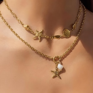 Gold starfish and pearl charm necklace, gold stainless steel shell choker necklace, summer beach jewelry