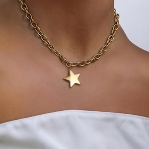 Conjunto de gargantilha dourada e pulseira de estrela - Corrente grossa de aço inoxidável dourada, joia feminina chique e original