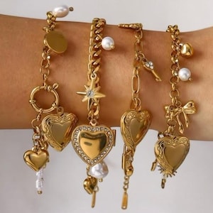 Stainless steel charm bracelet | Gold charm bracelet with heart beads | Trendy women&#39;s jewelry | Romantic and original gift