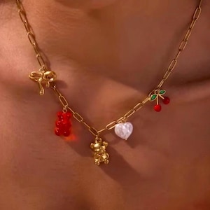 Gold-plated fancy necklace with cherry, teddy bear, pearly heart and bow charms | Original summer jewelry in hypoallergenic stainless steel