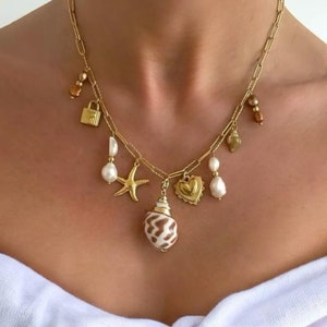 Shell & pearl necklace | Gold stainless steel jewelry | Starfish and padlock charms | Boho chic gift for women