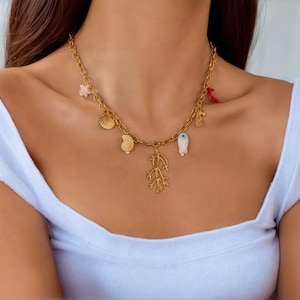 Gold necklace with fancy charms, coral, seahorse, shell, starfish – Original summer jewelry, waterproof stainless steel