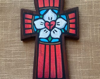 Jubilee Art Hand-Painted Cross - Wood - 10" Tall - Luther's Rose