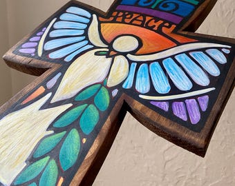 Large Wall Cross Jubilee Art Hand-Painted Cross - Wood - 20" Tall - Peace