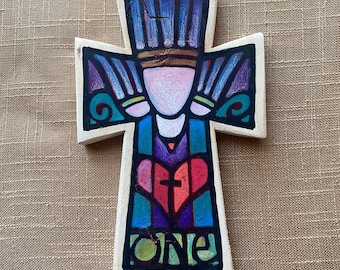 Jubilee Art Hand-Painted Cross - Wood - 10" Tall - "One" - A Wedding Cross