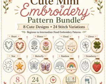 Niedliches Mini Stickmuster Bundle PDF, Anfänger Handstickerei Anleitung, 8 Designs, 24 Stichvariationen (Digitaler Download)