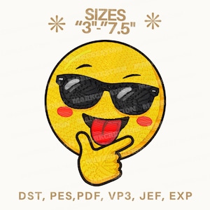 Può includere: Emoji giallo ricamato con occhiali da sole, una lingua rossa e un gesto della mano. Il design include il testo "SIZES 3"-7.5"" e i formati file DST, PES, PDF, VP3, JEF, EXP. L'emoji ha guance rosee.