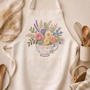 Könnte beinhalten: Eine cremefarbene Schürze mit einer zentralen Stickerei, die eine Teetasse voller bunter Blumen zeigt. Die Stickerei umfasst Rosa-, Gelb-, Lila- und Blautöne sowie grüne Blätter und Stängel. Die Schürze verfügt über eine aufgesetzte Vordertasche.