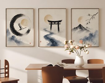 Japanische Sumi Tinte Wand Kunst Set, minimalistischer Kran, Berg, Torii (Digitaler Download)