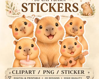 Ausdrucksstarkes Capybara Clipart Paket | Kawaii Emotionen PNG Aufkleber (Digitaler Download)