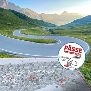 May include: A scratch-off map of the Swiss Alps with red dots marking mountain passes. The map is labeled "Pässe Freirubbeln" and "Scratch Off". The image also shows a winding mountain road.