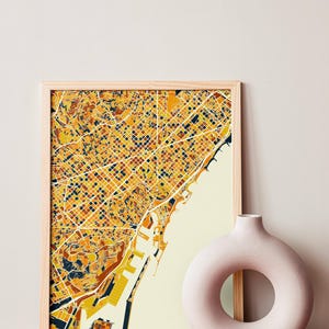 Barcelona lebendige Stadt Karte - bunte abstrakte Straßenkarte Poster, auffällige Wandkunst, einzigartiges Geschenk für neue Hausbesitzer