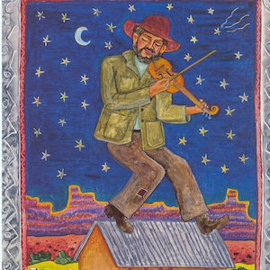 May include: A painting of a man playing a violin on top of a small, orange house. The man is wearing a brown hat and a green jacket. The house has a blue door and a red roof. The background is a blue night sky with stars.