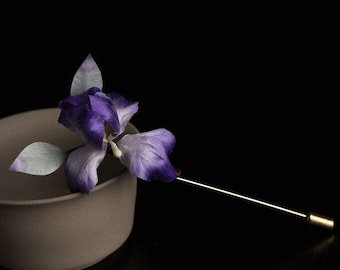 Handmade Silk Velvet Iris Brooch | Artisan Flower Pin | Wedding Elegant Lapel Accessory