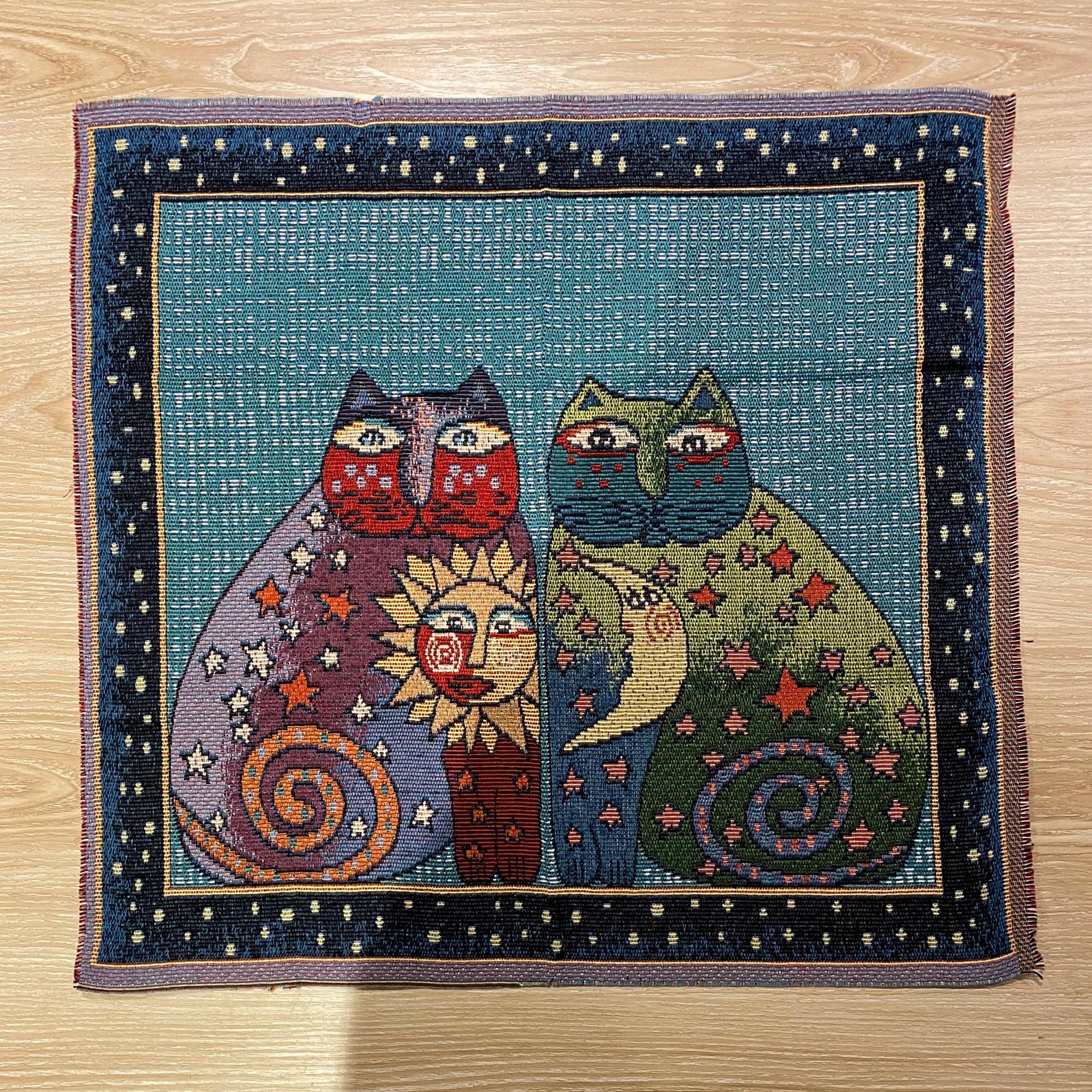 Celestial Guardian Cat Tapestry | Sun & Moon Wall Hanging | Woven Art