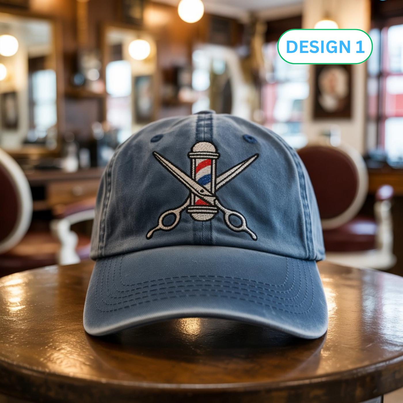 Barber Embroidered Hat for Men, Custom Baseball Cap for Barbers, Washed Dad Hat or 2-Tone Cap, Scissors & Pole Design Gift