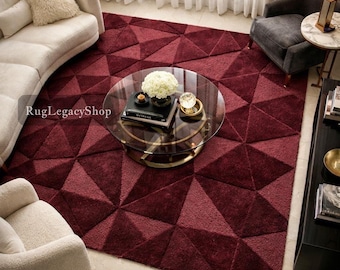Hand Tufted Wool Area Rug – Burgundy Geometric Plush Pile