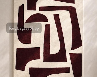 Tappeto in lana annodato a mano – Tappeto artistico astratto color bordeaux e avorio