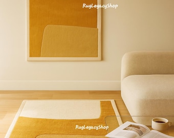 Mustard Yellow Wool Rug, Modern Abstract Design, Hand-Tufted