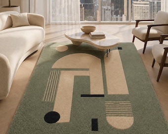 Sage Green Abstract Wool Rug, Hand-Tufted Modern Geometric Area Rug, Neutral Designer Carpet, Contemporary Living Room Decor