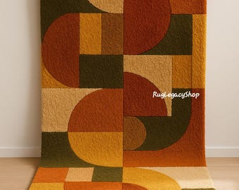 Retro Geometric Mid-Century Modern Hand-Tufted Wool Rug – Autumn Color Block Design, New Zealand Wool