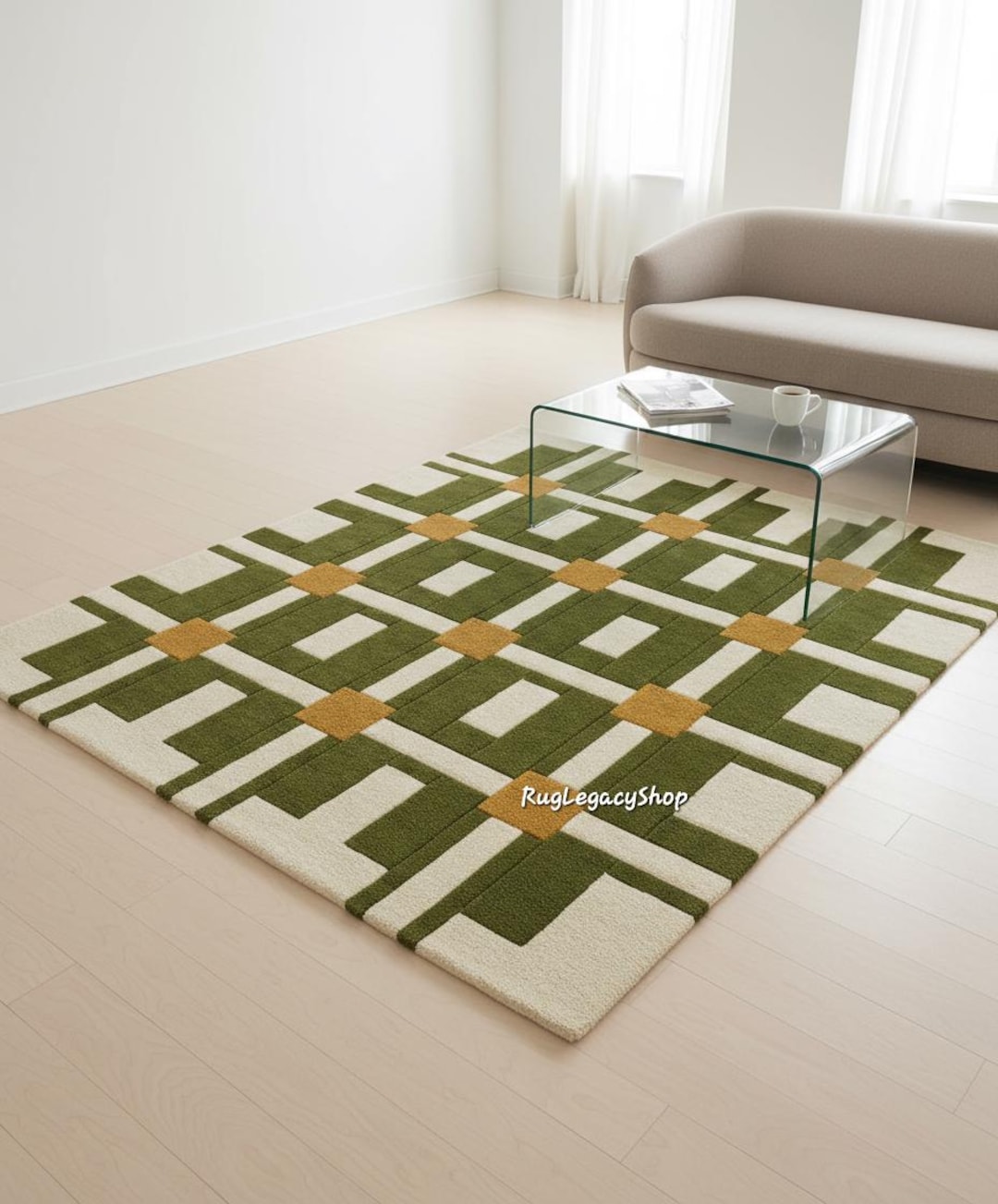 Modern Geometric Wool Rug | Hand-tufted New Zealand Wool | Olive Green ...