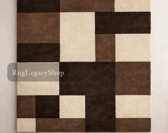 Handgetuft wollen vloerkleed – modern bruinbeige geruit geometrisch ontwerp