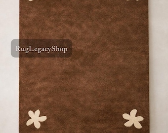 Hand Tufted Wool Rug – Minimal Brown Floral Corner Design