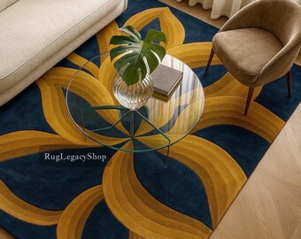 Hand-Tufted Wool Rug – Navy Blue Mustard Leaf, Botanical Carpet
