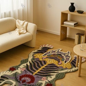 Colorful Tiger Shaped Hand-Tufted Wool Rug - Handmade Animal Area Carpet for Living Room & Bedroom Decor Custom size available