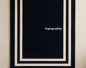 Hand-Tufted New Zealand Wool Rug, Black with Ivory Border, 8x10 ft