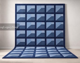 Handtuftad ullmatta – Blått geometriskt rutnät, modern skandinavisk design