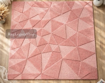 Alfombra de lana tejida a mano – Diseño geométrico rosa ruborizado