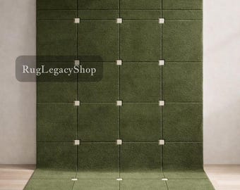 Hand Tufted Wool Area Rug – Olive Green Grid, Modern Architectural Design