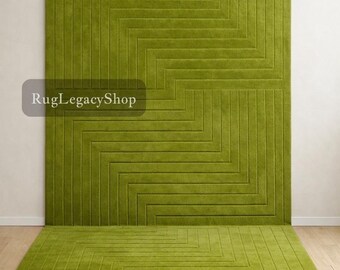 Hand Tufted Wool Rug – Olive Green Geometric Sculpted Plush Pile