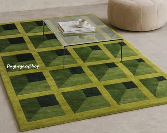 Tapete geométrico verde, tapete moderno, tapete com quadrados abstratos