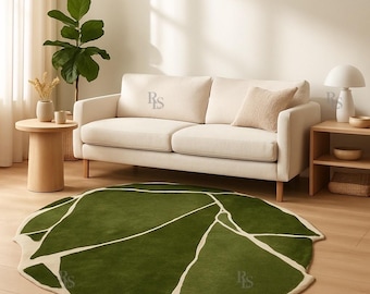 Hand-Tufted Wool Rug: Modern Green Leaf Design