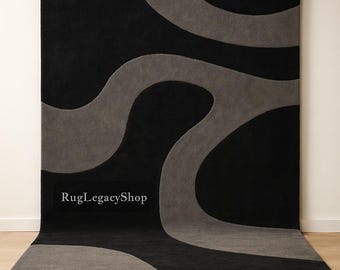 Handgetuft wollen vloerkleed | Modern zwart-grijs abstract ontwerp