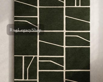 Alfombra de lana tejida a mano – Diseño geométrico verde oliva