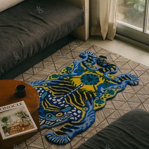 Handmade Tufted Tiger Rug – Blue and Yellow Animal Shaped Accent Carpet for Living Room & Bedroom Decor Custom size available