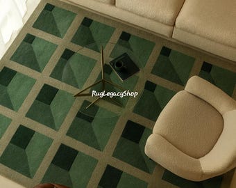 Hand-Tufted New Zealand Wool Rug – 3D Geometric Green Carpet