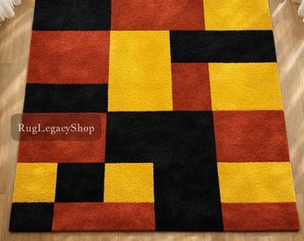 Hand Tufted Wool Area Rug, Modern Geometric Color Block Carpet