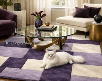 Alfombra de lana tejida a mano, alfombra morada con cuadros geométricos