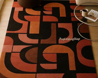 Abstract Geometric Wool Rug | Hand-Tufted 100% New Zealand Wool | Mid-Century Modern Area Rug | Handmade Carpet for Living-bed Room